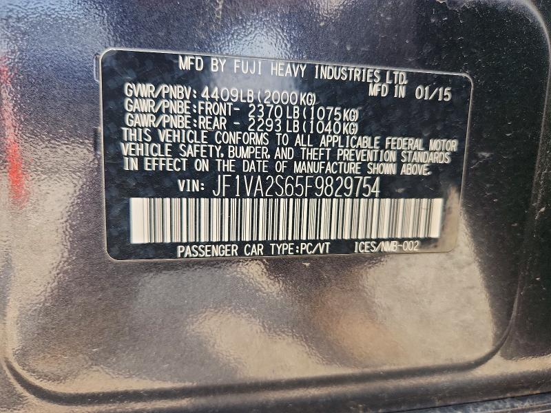 2015 Subaru Wrx მანქანა იყიდება აუქციონზე, vin: JF1VA2S65F9829754, აუქციონის ნომერი: 61430696