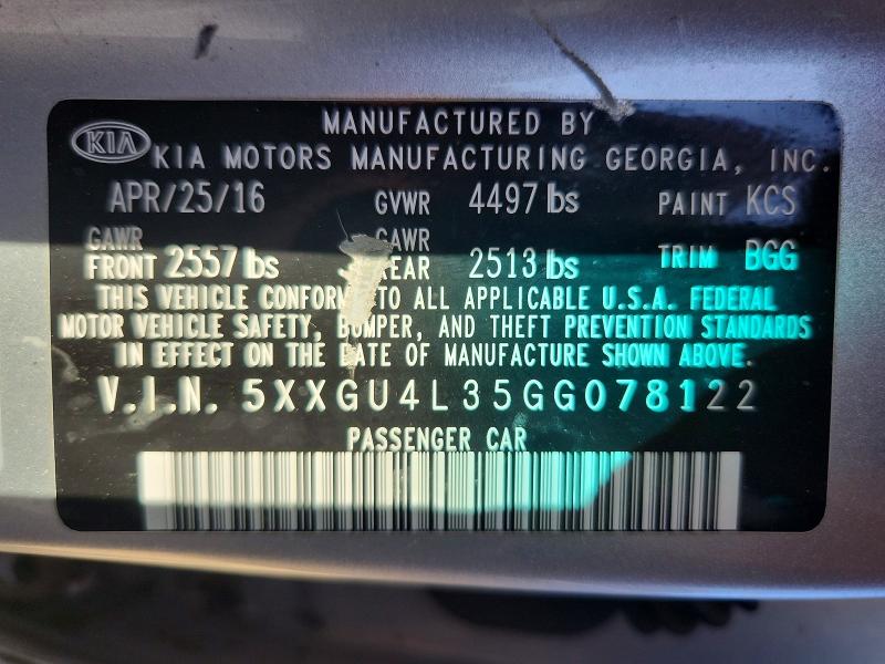 Aukcja sprzedaży 2016 Kia Optima, vin: 5XXGU4L35GG078122, numer aukcji: 61019726
