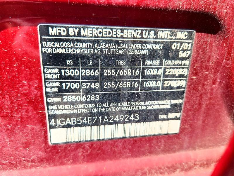 Продаж на аукціоні авто 2001 Mercedes-benz Ml, vin: 4JGAB54E71A249243, номер лоту: 57689876