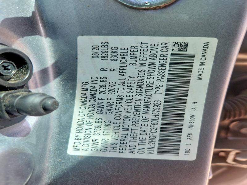 2020 Honda Civic მანქანა იყიდება აუქციონზე, vin: 2HGFC2F60LH579923, აუქციონის ნომერი: 61401926