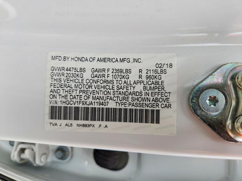 61381536 :رقم المزاد ، 1HGCV1F9XJA119407 vin ، 2018 Honda Accord مزاد بيع