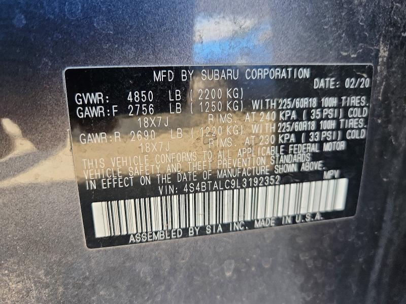 Продаж на аукціоні авто 2020 Subaru Outback, vin: 4S4BTALC9L3192352, номер лоту: 61044316