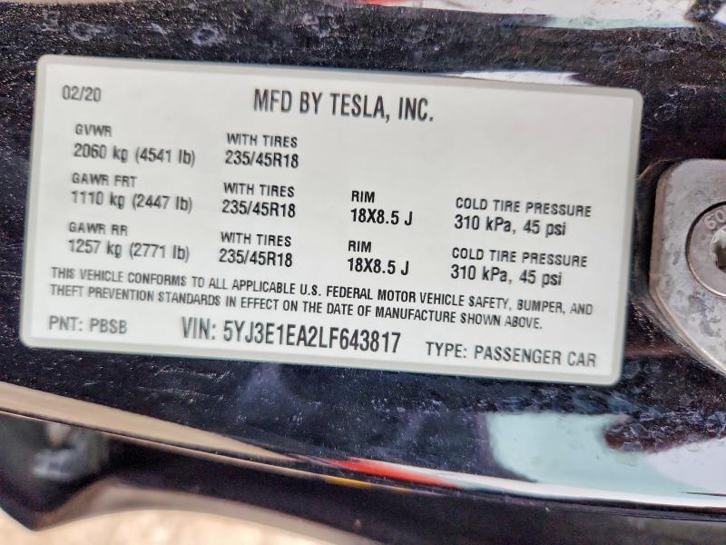 Aukcja sprzedaży 2020 Tesla Model 3, vin: 5YJ3E1EA2LF643817, numer aukcji: 62047736