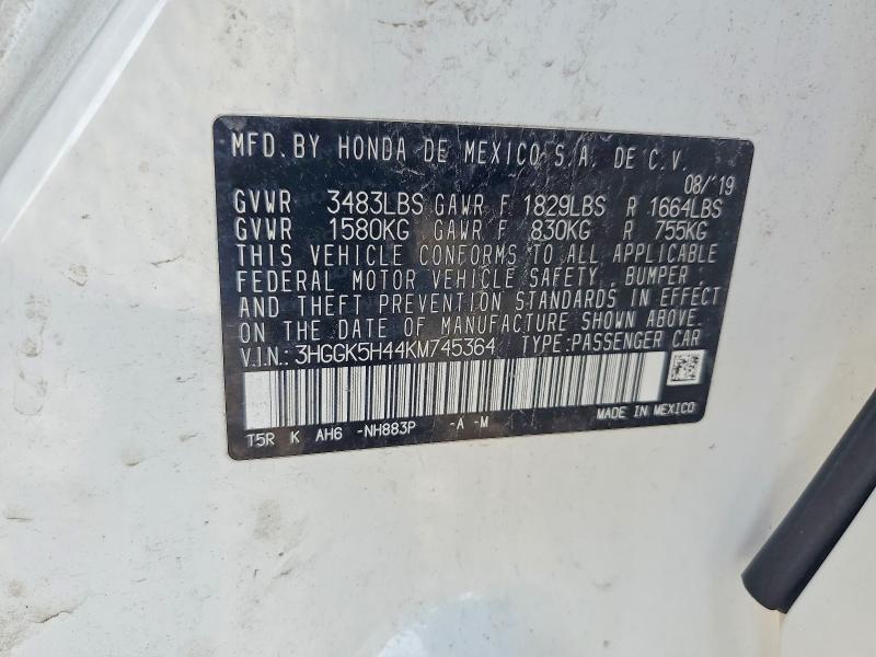 60379936 :رقم المزاد ، 3HGGK5H44KM745364 vin ، 2019 Honda Fit مزاد بيع
