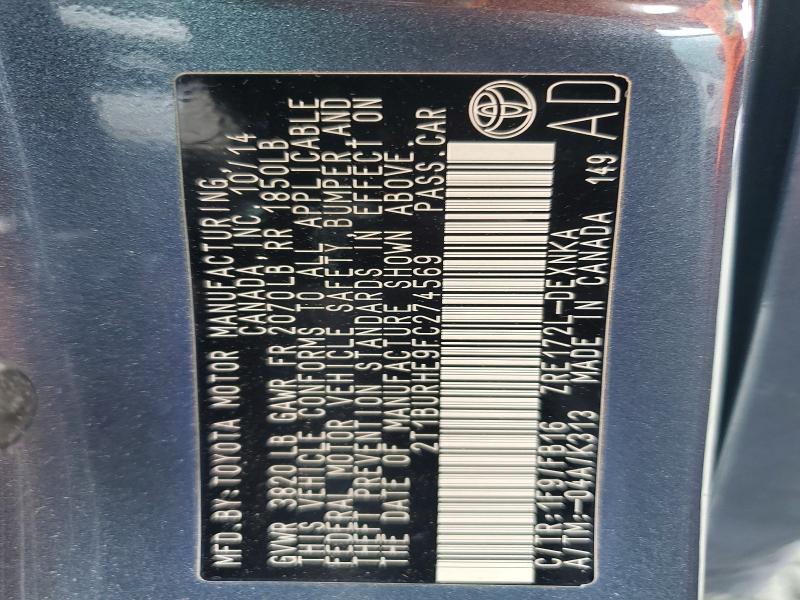 2015 Toyota Corolla მანქანა იყიდება აუქციონზე, vin: 2T1BURHE9FC274569, აუქციონის ნომერი: 62494016