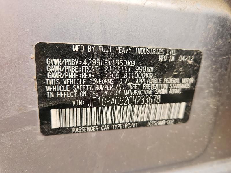 61297196 :رقم المزاد ، JF1GPAC62CH233678 vin ، 2012 Subaru Impreza مزاد بيع