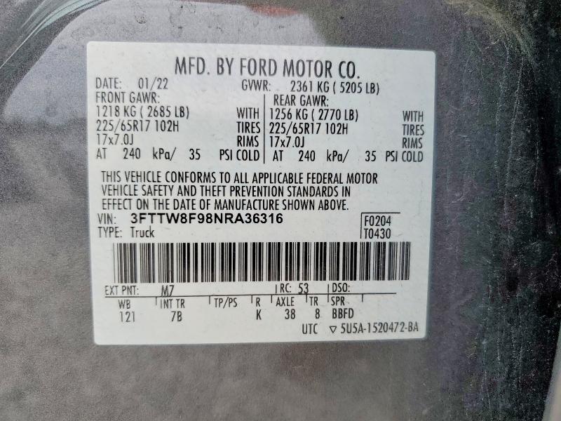 Продажа на аукционе авто 2022 Ford Maverick, vin: 3FTTW8F98NRA36316, номер лота: 60888146