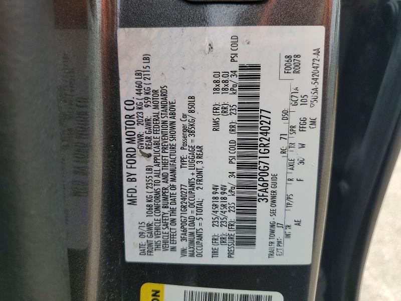 Aukcja sprzedaży 2016 Ford Fusion, vin: 3FA6P0G71GR240277, numer aukcji: 63015816