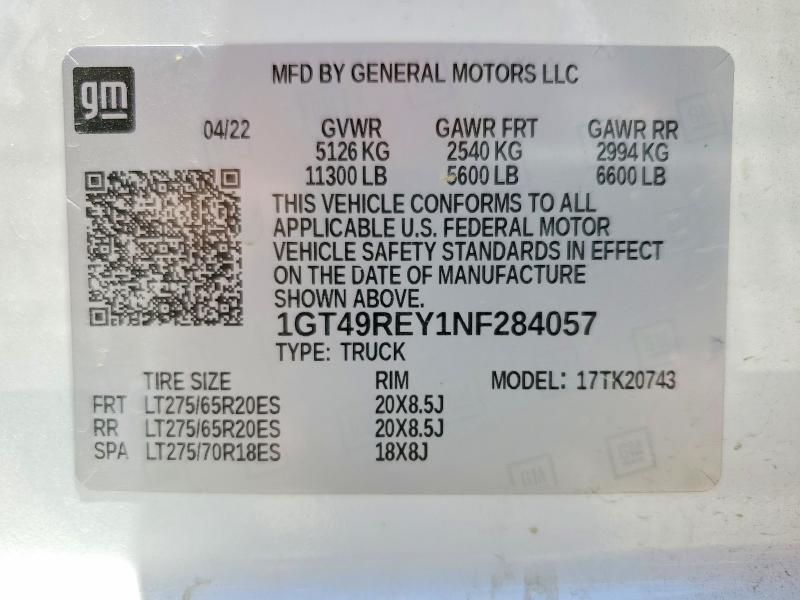 60373946 :رقم المزاد ، 1GT49REY1NF284057 vin ، 2022 Gmc Sierra مزاد بيع