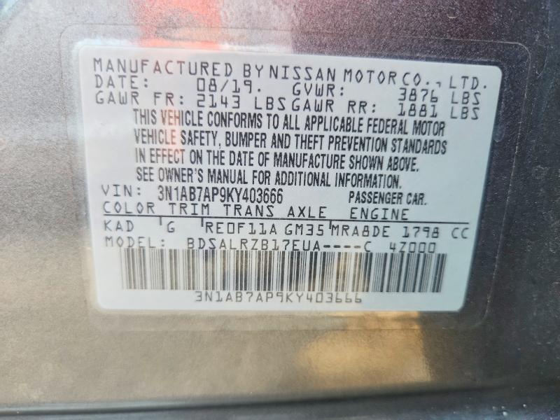 Aukcja sprzedaży 2019 Nissan Sentra, vin: 3N1AB7AP9KY403666, numer aukcji: 62774376