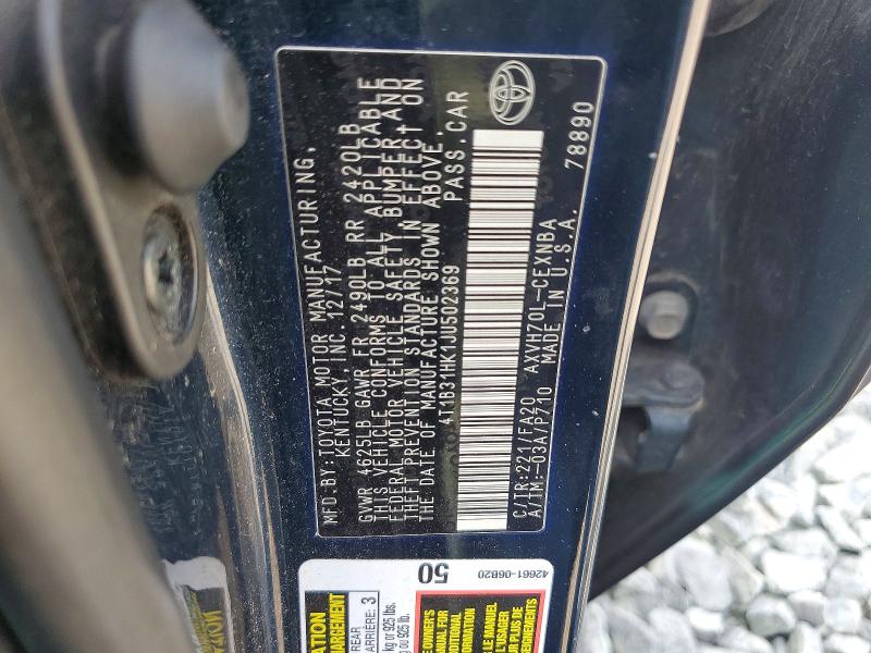 2018 Toyota Camry მანქანა იყიდება აუქციონზე, vin: 4T1B31HK1JU502369, აუქციონის ნომერი: 61493936