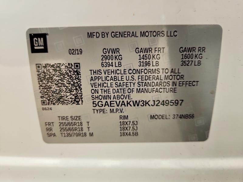 2019 Buick Enclave მანქანა იყიდება აუქციონზე, vin: 5GAEVAKW3KJ249597, აუქციონის ნომერი: 61389006