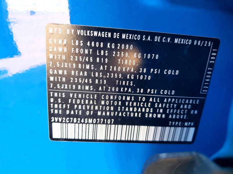 60327146 :رقم المزاد ، 3VV2C7B24SM077107 vin ، 2025 Volkswagen Taos مزاد بيع