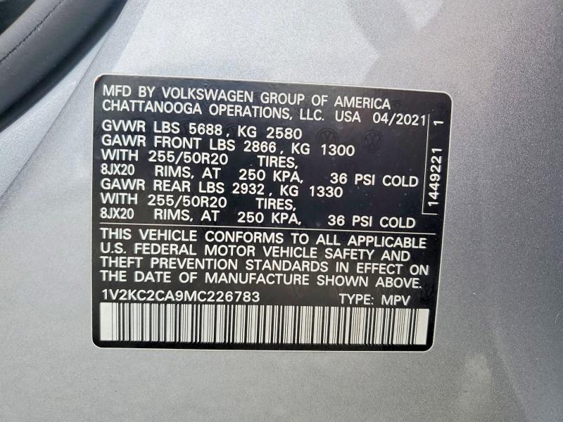 2021 Volkswagen Atlas Cross Sport მანქანა იყიდება აუქციონზე, vin: 1V2KC2CA9MC226783, აუქციონის ნომერი: 62697056