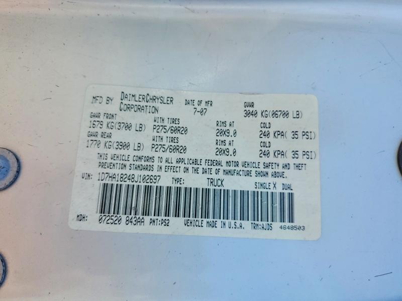2008 Dodge Ram 1500 მანქანა იყიდება აუქციონზე, vin: 1D7HA18248J102697, აუქციონის ნომერი: 62267056