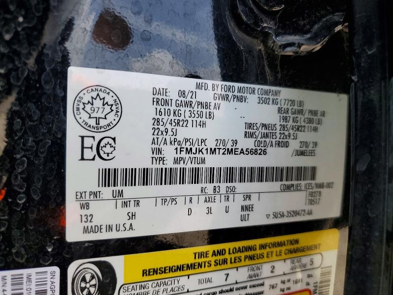 2021 Ford Expedition მანქანა იყიდება აუქციონზე, vin: 1FMJK1MT2MEA56826, აუქციონის ნომერი: 59104356