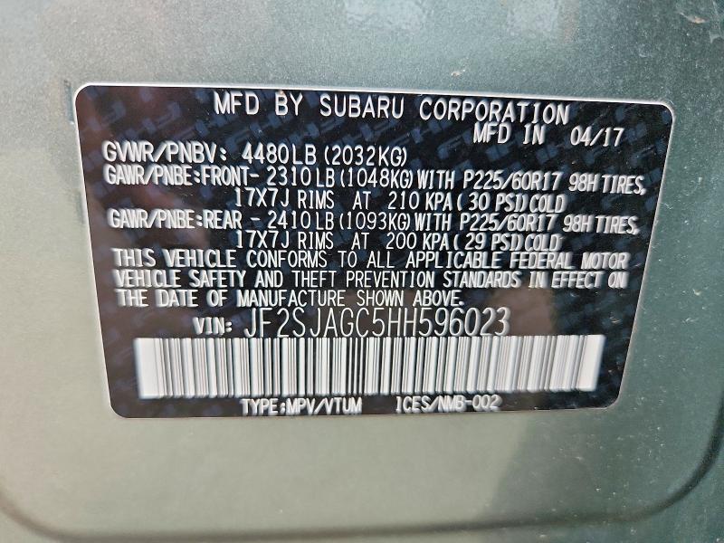 62924906 :رقم المزاد ، JF2SJAGC5HH596023 vin ، 2017 Subaru Forester مزاد بيع