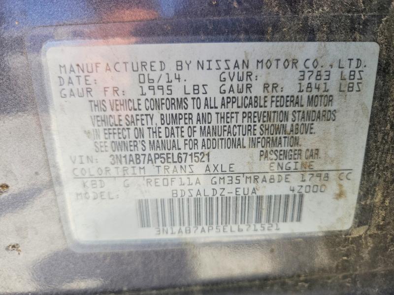 60209656 :رقم المزاد ، 3N1AB7AP5EL671521 vin ، 2014 Nissan Sentra مزاد بيع