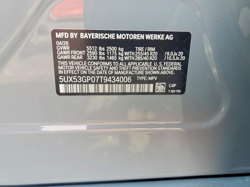 2026 Bmw X3 მანქანა იყიდება აუქციონზე, vin: 5UX53GP07T9434006, აუქციონის ნომერი: 60585426