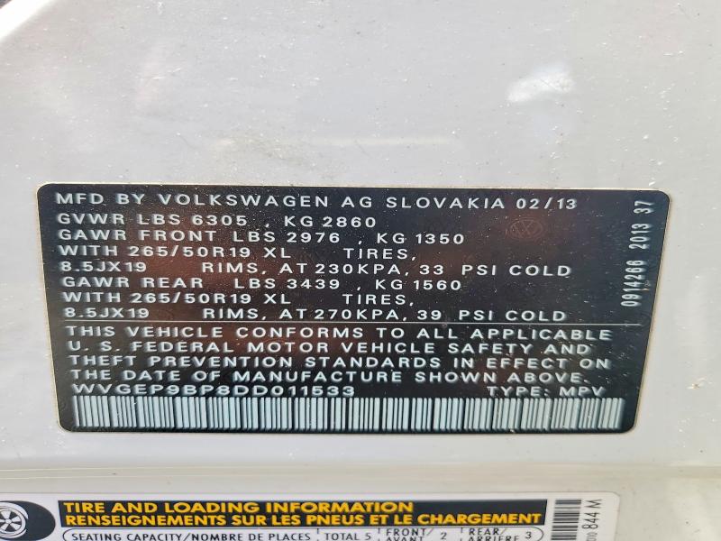 62204286 :رقم المزاد ، WVGEP9BP8DD011533 vin ، 2013 Volkswagen Touareg مزاد بيع