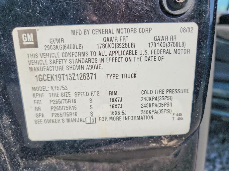 63414646 :رقم المزاد ، 1GCEK19T13Z126371 vin ، 2003 Chevrolet Silverado مزاد بيع