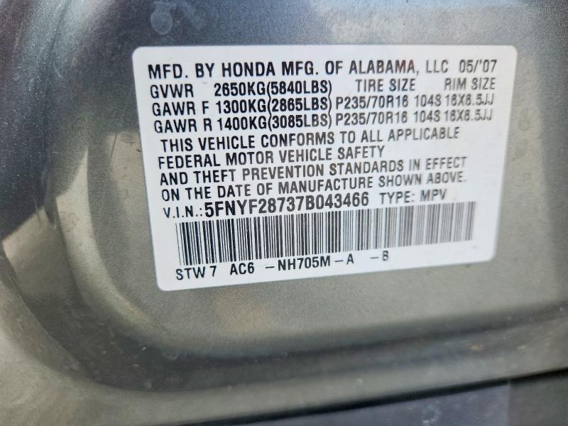 Продаж на аукціоні авто 2007 Honda Pilot, vin: 5FNYF28737B043466, номер лоту: 62010306