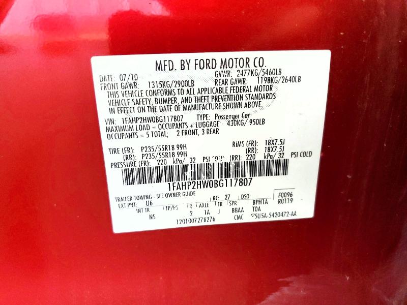 2011 Ford Taurus მანქანა იყიდება აუქციონზე, vin: 1FAHP2HW0BG117807, აუქციონის ნომერი: 67451806