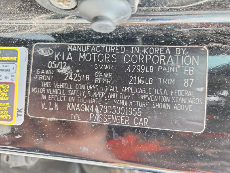 61036536 :رقم المزاد ، KNAGM4A73D5301955 vin ، 2013 Kia Optima مزاد بيع