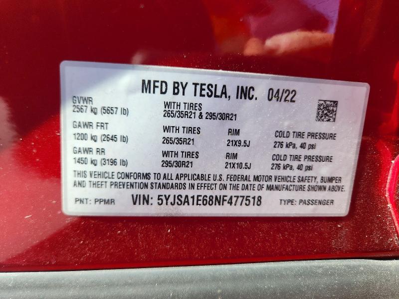 Aukcja sprzedaży 2022 Tesla Model S, vin: 5YJSA1E68NF477518, numer aukcji: 61707796