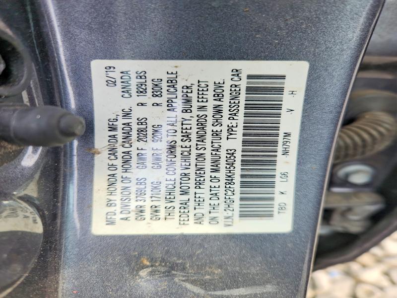 Продажа на аукционе авто 2019 Honda Civic, vin: 2HGFC2F84KH540543, номер лота: 61791866