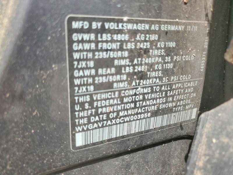 60824606 :رقم المزاد ، WVGAV7AX0CW003956 vin ، 2012 Volkswagen Tiguan مزاد بيع
