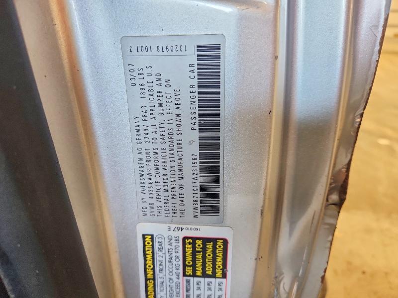2007 Volkswagen Rabbit მანქანა იყიდება აუქციონზე, vin: WVWBR71K17W231567, აუქციონის ნომერი: 58463256