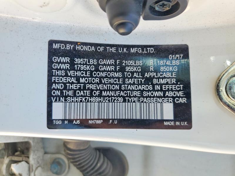 61723946 :رقم المزاد ، SHHFK7H69HU217239 vin ، 2017 Honda Civic مزاد بيع