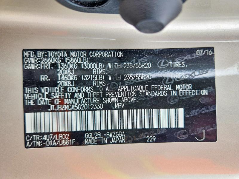 2016 Lexus Rx მანქანა იყიდება აუქციონზე, vin: JTJBZMCA5G2012330, აუქციონის ნომერი: 62817996