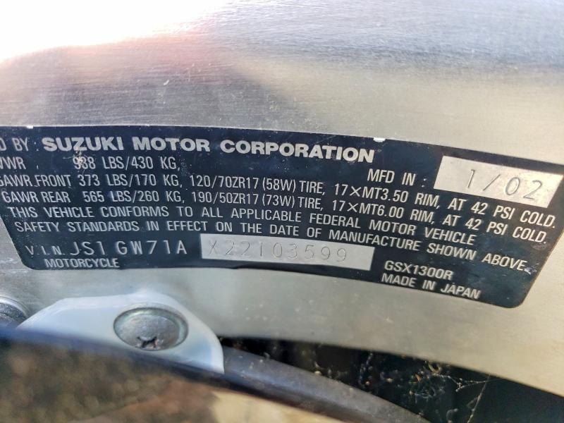 59836176 :رقم المزاد ، JS1GW71AX22103599 vin ، 2002 Suzuki Gsx1300 مزاد بيع