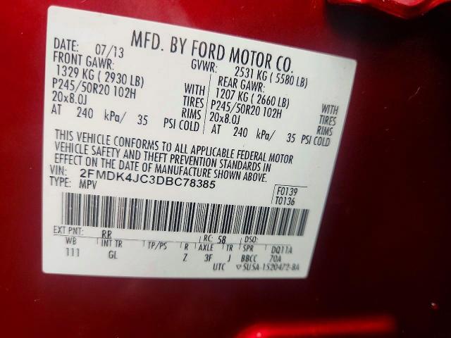 2013 Ford Edge მანქანა იყიდება აუქციონზე, vin: 2FMDK4JC3DBC78385, აუქციონის ნომერი: 62347726