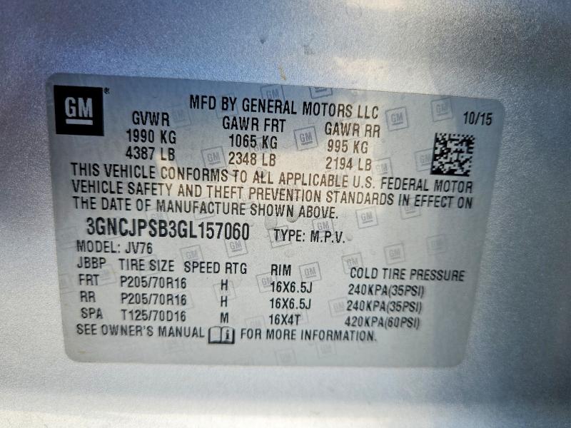 60162946 :رقم المزاد ، 3GNCJPSB3GL157060 vin ، 2016 Chevrolet Trax مزاد بيع
