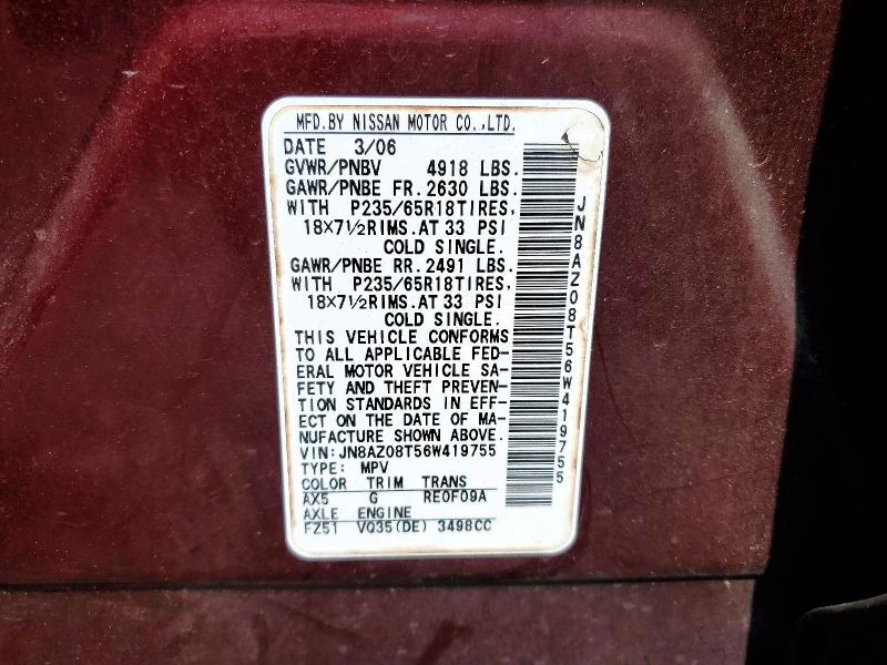 59960256 :رقم المزاد ، JN8AZ08T56W419755 vin ، 2006 Nissan Murano مزاد بيع