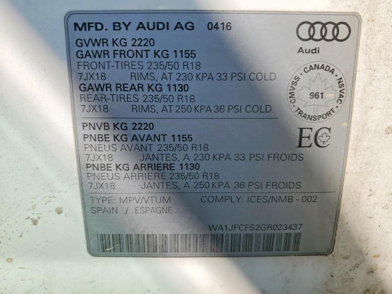 Aukcja sprzedaży 2016 Audi Q3, vin: WA1JFCFS2GR023437, numer aukcji: 62219916