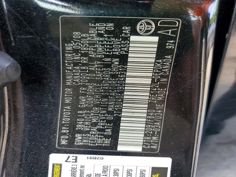 60797746 :رقم المزاد ، 2T1BU40E19C046312 vin ، 2009 Toyota Corolla مزاد بيع