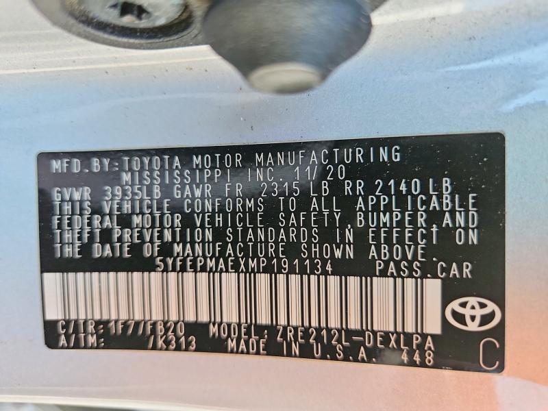 61933756 :رقم المزاد ، 5YFEPMAEXMP191134 vin ، 2021 Toyota Corolla مزاد بيع