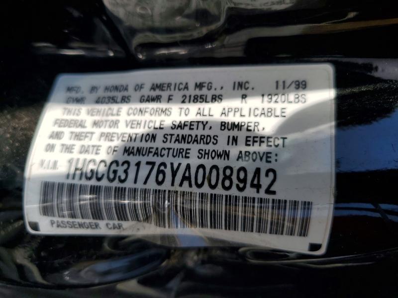 2000 Honda Accord მანქანა იყიდება აუქციონზე, vin: 1HGCG3176YA008942, აუქციონის ნომერი: 61392046