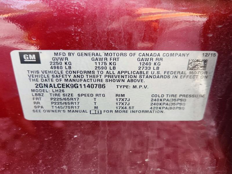 2016 Chevrolet Equinox მანქანა იყიდება აუქციონზე, vin: 2GNALCEK9G1140786, აუქციონის ნომერი: 61142666