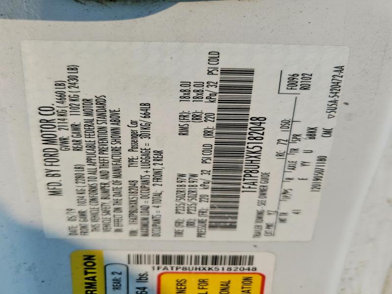 2019 Ford Mustang მანქანა იყიდება აუქციონზე, vin: 1FATP8UHXK5182048, აუქციონის ნომერი: 62337066