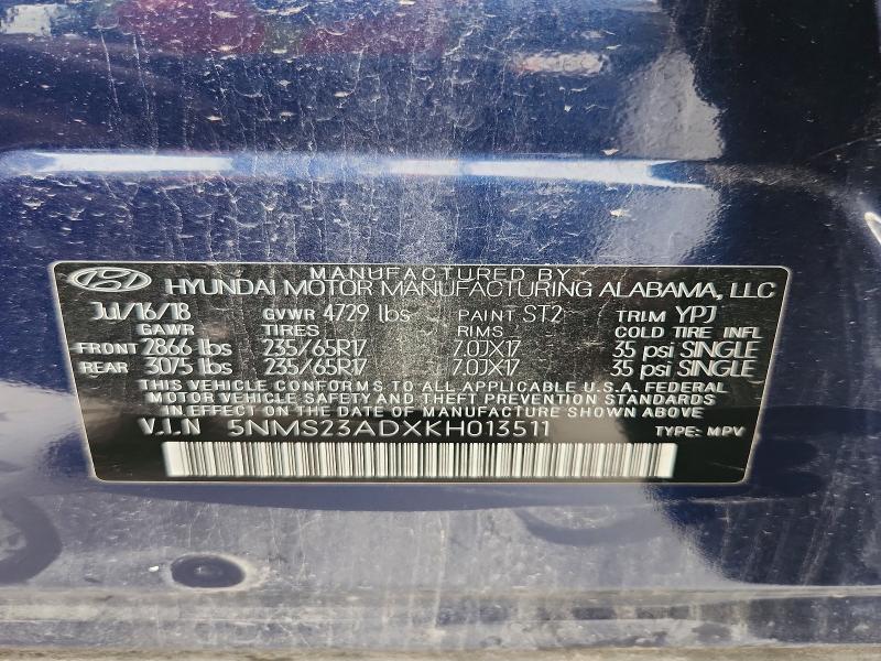 2019 Hyundai Santa Fe მანქანა იყიდება აუქციონზე, vin: 5NMS23ADXKH013511, აუქციონის ნომერი: 61567316