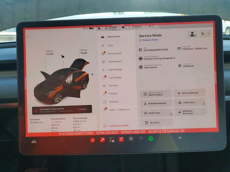 2021 Tesla Model Y მანქანა იყიდება აუქციონზე, vin: 5YJYGDEE0MF273912, აუქციონის ნომერი: 61197546