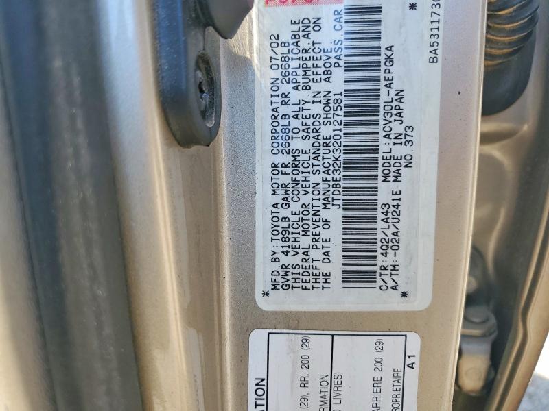 61173866 :رقم المزاد ، JTDBE32K320127581 vin ، 2002 Toyota Camry مزاد بيع