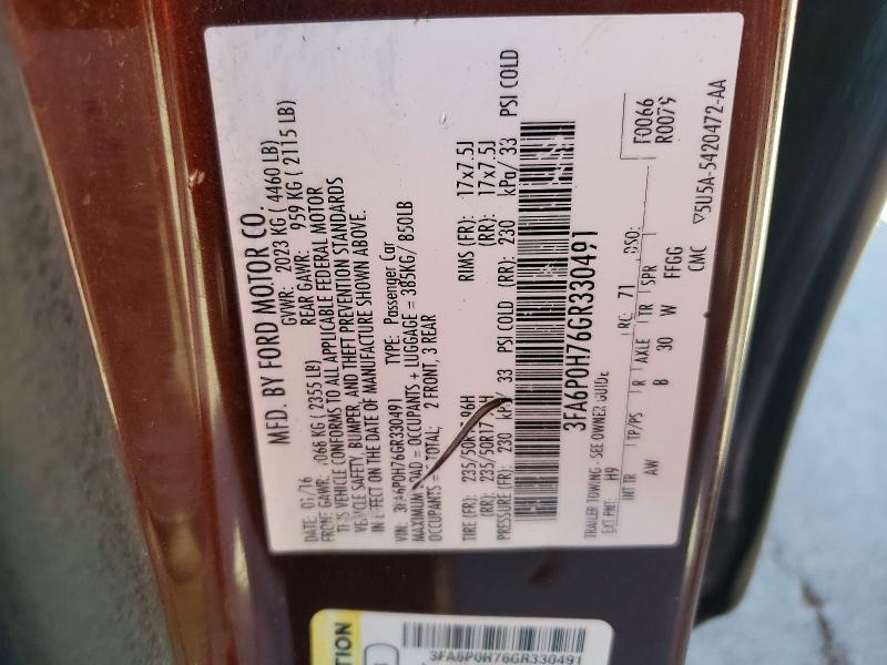 2016 Ford Fusion მანქანა იყიდება აუქციონზე, vin: 3FA6P0H76GR330491, აუქციონის ნომერი: 60481546