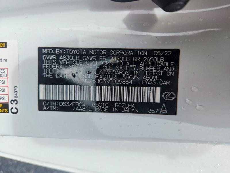 60513506 :رقم المزاد ، JTHGZ5BC3N5025864 vin ، 2022 Lexus Rc 350 مزاد بيع