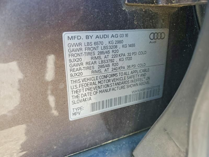 61138726 :رقم المزاد ، WA1VABF78HD011118 vin ، 2017 Audi Q7 مزاد بيع